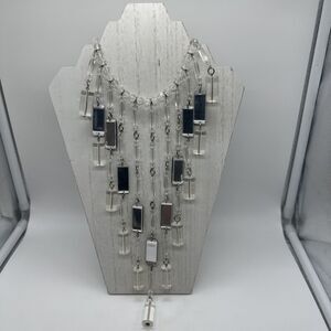 Rare HOBE Lucite Blk Clear Waterfall Bib Fringe Necklace Mirror Couture Glamour
